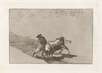 Le très habile étudiant de Falces, enveloppé dans sa cape, trompe le taureau avec le jeu de son corps, Planche 14 de La tauromachie