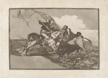 Modo con que los antiguos españoles cazaban los toros a caballo en el campo (La manière dont les anciens Espagnols chassaient les taureaux à cheval dans la campagne), Planche 1 de La tauromaquia