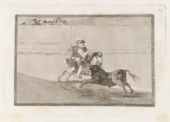 Un caballero espagnol en plaza quebrando rejoncillos sin auxilio de los chulos, Planche 13 de La tauromaquia