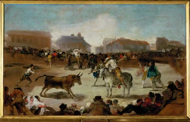 Une corrida dans un village (peinture sur toile)