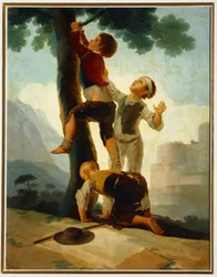 Garçons grimpant à un arbre ... (peinture sur toile)