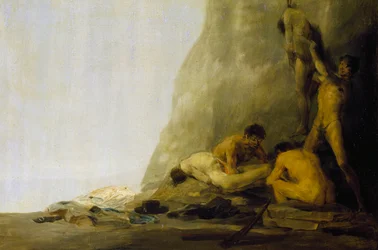Cannibales préparant leurs victimes, ou Les corps de Jean de Brébeuf et Gabriel Lallemant dépecés par les Iroquois en 1649, vers 1800-08 (huile sur panneau)