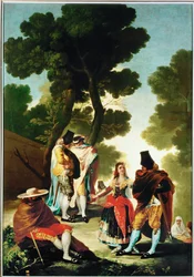 La maja y los Embozados - la maja et les hommes masqués, carton pour la tapisserie 40-06-09/42 ... (peinture sur toile)