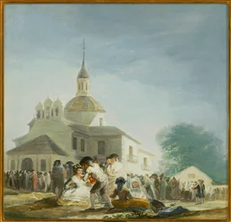 Pèlerins devant la chapelle de Saint Isidore La ermita de San Isidro el dia de la fiesta ... (peinture sur toile)