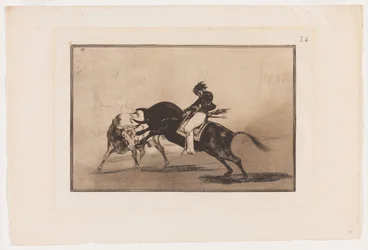 Planche 24 de La Tauromaquia: Le même Ceballos monté sur un autre taureau casse des lances courtes dans l