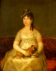 Portrait de Dona Francisca Vicenta Chollet y Caballero, assise, trois-quarts longueur, avec un chien sur les genoux