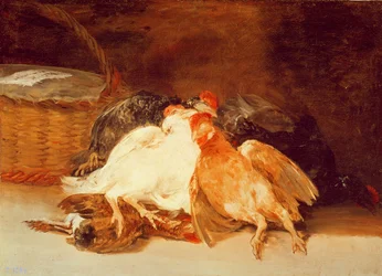 Nature morte avec des poulets morts et un panier en osier