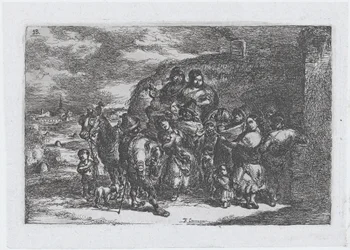 Groupe de personnes en plein air, peut-être des musiciens, de la série de cust...