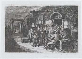 Planche 18 : musiciens de rue et autres figures devant une taverne, de la série des coutumes ..., 1850.