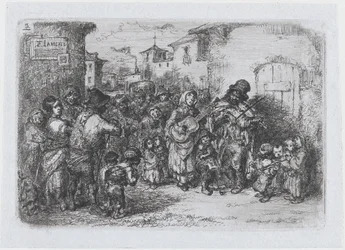 Planche 3 : un groupe de musiciens de rue, de la série des coutumes et passe-temps espagnols, 1850