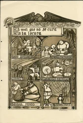 Illustration par Francisco Sancha Lengo - Feuille volante, vers 1915 - El mal que no se cura es la locura - Guerre de 14-18, Allemagne Prusse, Gaz asphyxiant, Langue espagnole, Presse étrangère
