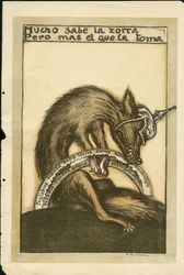 Illustration de Francisco Sancha Lengo - Feuille volante, vers 1915 - Mucho sabe la zorra pero mal el que la toma - Guerre de 14-18, Allemagne Prusse, Belligérants et symboles, Alliés, Langue espagnole, Presse étrangère - Renard -, Obstruction, Animation