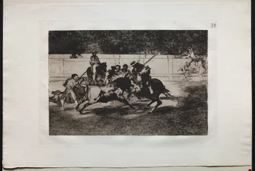 Corridas : Le puissant Rendon poignarde un taureau avec la pique, de laquelle il est mort..., 1876