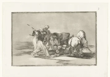 Quatre hommes chassent un taureau; Les Maures établis en Espagne, ayant abandonné les superstitions de leur Coran, adoptèrent cette chasse et cet art, et percent un taureau de leur lance dans la campagne; Courses de taureaux (titre de la série); La