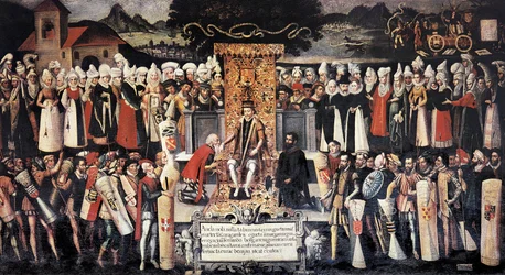 Cérémonie du baisemain suivant la déclaration des privilèges par le roi Ferdinand le Catholique (1452-1516). Peinture de Francisco de Mendieta Y Retes (16e siècle). Espagne, Guernica. Maison des Juntas.