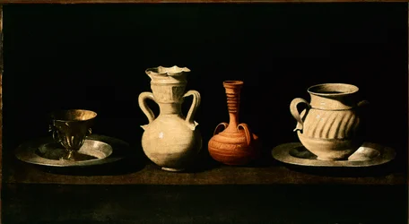 Nature morte cruches, pots. Peinture par Francisco de Zurbaran (1598-1664) 1633