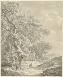 Paysage avec promeneurs sur un chemin le long de la forêt