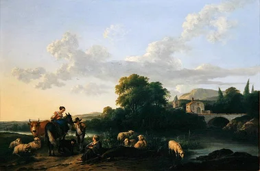 Paysans et bétail dans un paysage italien