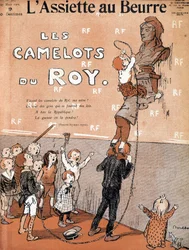 Des enfants détrônent un buste de Marianne en chantant une chanson ironique en faveur du Groupement tactique royaliste. Illustration de Francisque Poulbot (1879-1946) Dans "l