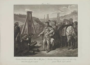 Boleslaw Ier de Pologne plante des poteaux frontaliers dans les rivières Elbe et Saale par Smuglewicz, Franciszek (1745-1807). Lithographie, fin du XVIIIe siècle. Collection privée
