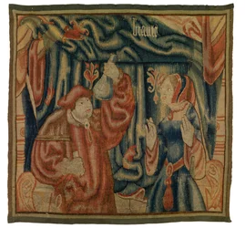 Fragment de tapisserie représentant un intérieur avec médecin et femme, Beauté, français ou flamand, fabriqué au début du XVIe siècle