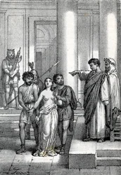 Agnès de Rome amenée nue dans les rues vers un bordel, dessin de « Misteri del Vaticano » par Franco Mistrali