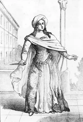 Portrait de la jeune Romaine Béatrice Cenci (1577-1599), accusée du meurtre de son père Francesco Cenci en 1598 (Portrait de la jeune noble romaine Béatrice Cenci qui assassina son père, le comte Francesco Cenci, en 1598). Gravure tirée de « I misteri del