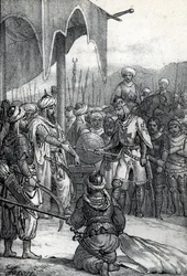 Septième croisade : Le roi Louis IX fait prisonnier à la bataille de Fariskur le 6 avril 1250, dessin de « Misteri del Vaticano » par Franco Mistrali