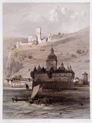 Château à Pfalz, Allemagne. Dans "Le Rhin monumental et pittoresque". Lithographies par Fourmais et Stroobant