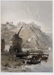 Château Saint Coar et Rheinfelds. Dans "Le Rhin monumental et pittoresque". Lithographies par Fourmais et Stroobant