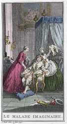 Le malade imaginaire. Pièce de théâtre de Jean Baptiste Poquelin dit Molière (1622-1673). Gravure dans « Le malade imaginaire » par T. de Mare d