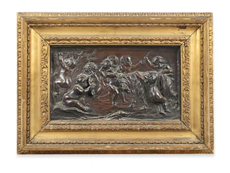 Relief rectangulaire en bronze de nourrissons bacchanales jouant avec une chèvre
