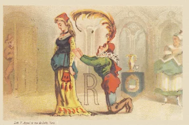 R (lettre montrée par une dame et un valet à genoux)