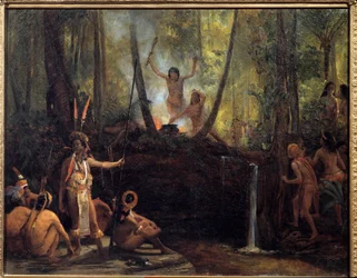La fabrication du curare dans la forêt brésilienne. Extraction du curare, une substance tirée des lianes des arbres amazoniens provoquant la paralysie. Peinture de François Auguste Biard (1799-1882) XIXe siècle La Rochelle, Musée du Nouveau Monde