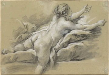 Une femme nue tendant la main vers la droite