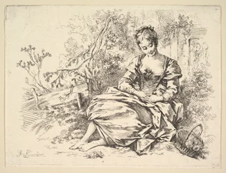 Jeune fille dans un paysage avec un panier de fleurs