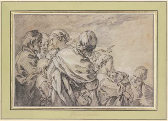 Groupe de statues en demi-figure représentant des hommes et des femmes accompagnés d