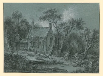 Une maison avec un escalier au milieu des arbres, devant laquelle se trouve un pêcheur