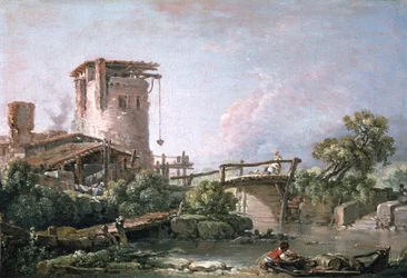 Paysage avec une tour et un pont