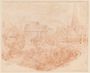 Vue sur les bâtiments ruraux et le clocher de l