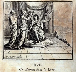 Un animal dans la lune. Fables de Jean de La Fontaine (1621-95). Illustration de François Chauveau (1613-1676). Édition de 1728.