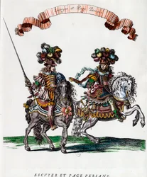 Écuyer et page persan lors du carrousel donné par le roi Louis XIV (1639-1715) Gravure par François Chauveau (1613-1676) vers 1662 Collection privée