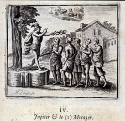 Jupiter et le Métayer. Fables de Jean de La Fontaine (1621-95). Illustration de François Chauveau (1613-1676). Édition de 1728.