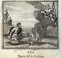 Jupiter et le passager. Fables de Jean de La Fontaine (1621-95). Illustration de François Chauveau (1613-1676). Édition de 1728.