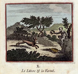 Le Lièvre et la Tortue - Fables de Jean de La Fontaine - Illustration par François Chauveau - Édition de 1728