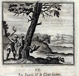 Les souris et le chat huant. Fables de Jean de La Fontaine (1621-95). Illustration de François Chauveau (1613-1676). Édition de 1728.