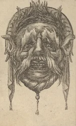 Masque avec longs sourcils et moustache et une coiffe avec tissu pendant, vers 1635-45