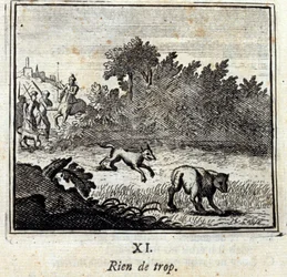 Rien de trop. Fables de Jean de La Fontaine (1621-95). Illustration par François Chauveau (1613-1676). Édition de 1728.