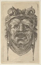 Masque de satyre avec cornes bouclées, sourcils feuillus et un tissu sous le menton, vers 1635-45