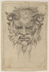 Masque de satyre avec cornes bouclées regardant vers le bas, de Divers Masques